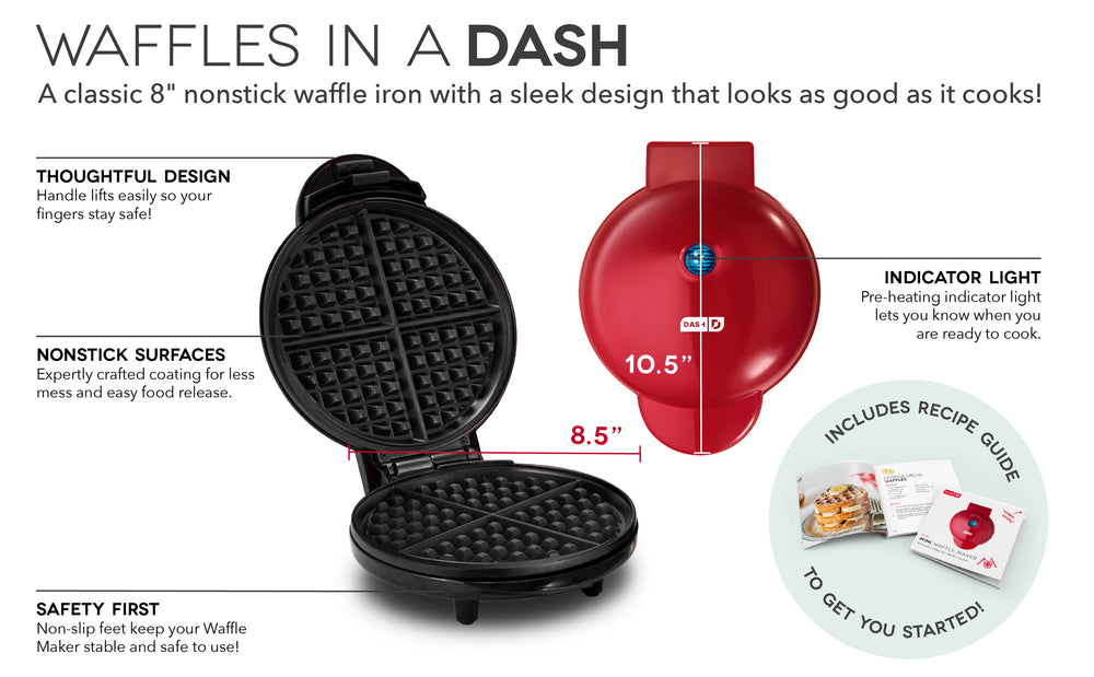 Express Waffle Maker features include an Indicator Light, space for thoughtfully designed handles, nonstick surface, and nonslip feet.
