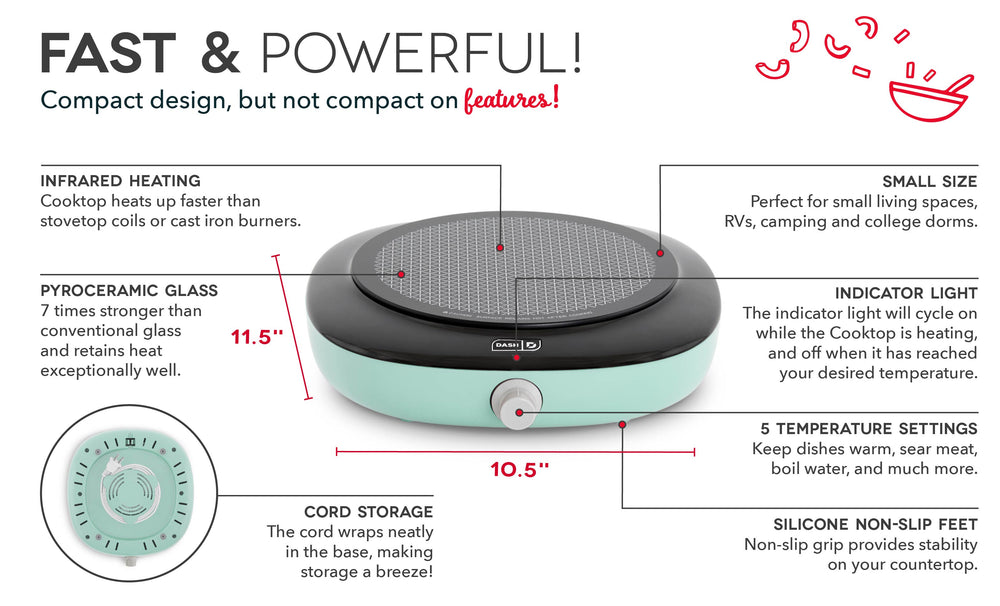 The Everyday Electric Cooktop is fast and powerful with features like infrared heating, pyroceramic glass, cord storage, small size, indicator light, 5 temperature settings, and silicone nonslip feet. 