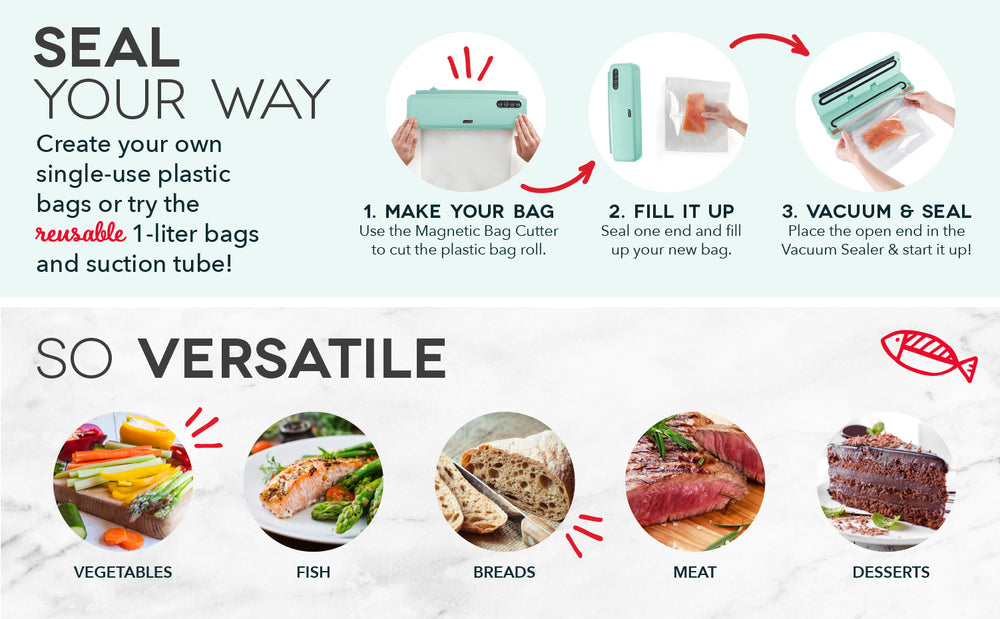 Just make your bag, fill it up, vacuum, and seal for vegetable, fish, breads, meat, and desserts.