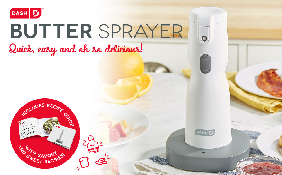 A white Electric Butter Sprayer on a breakfast table is quick, easy, and delicious. 