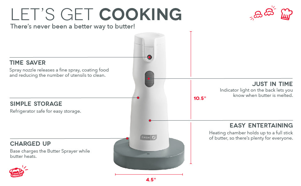 Electric Butter Sprayer features include time saving spray nozzle, refrigeration safety, base to charge and heat, Indicator light, and heating chamber that can hold a whole stick of butter.