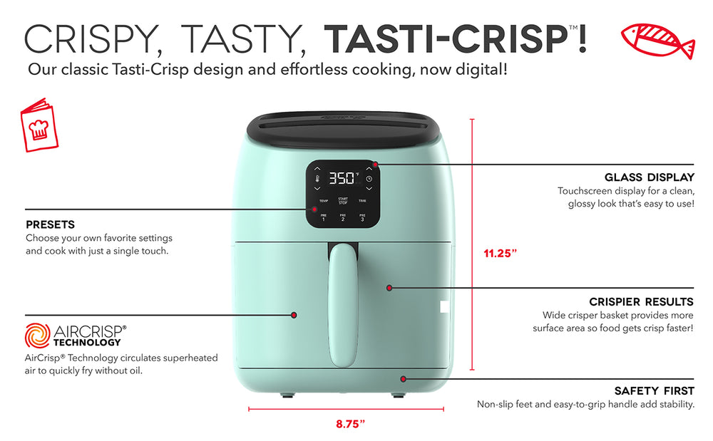 Digital Tasti-Crisp Air Fryer features presets, AirCrisp display, clear window, wide crisper basket, and nonslip feet.