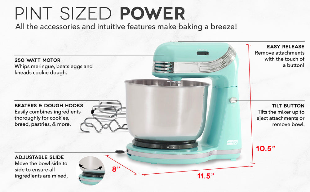 Features of the Everyday Stand Mixer include a 250 watt motor, beaters and dough hooks, adjustable slide, easy release, and a tilt button.