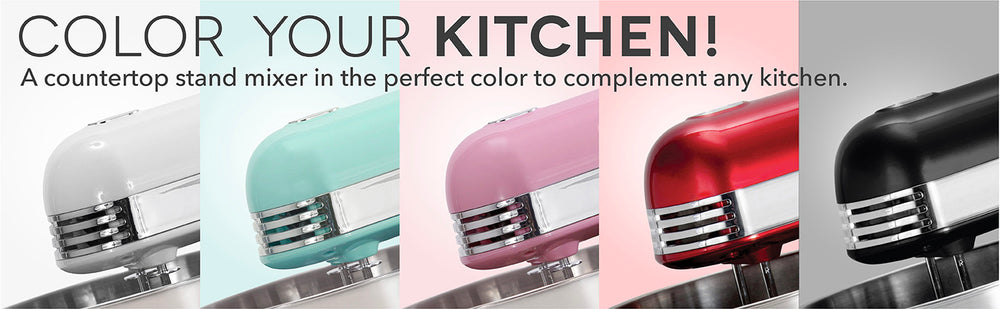 Color your kitchen with an Everyday Stand Mixer in white, blue, pink, red, or black. 