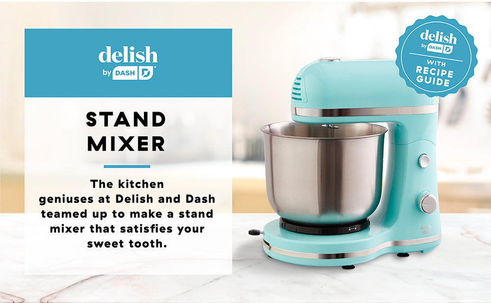 A blue Delish by Dash Stand Mixer upon a white kitchen countertop. 