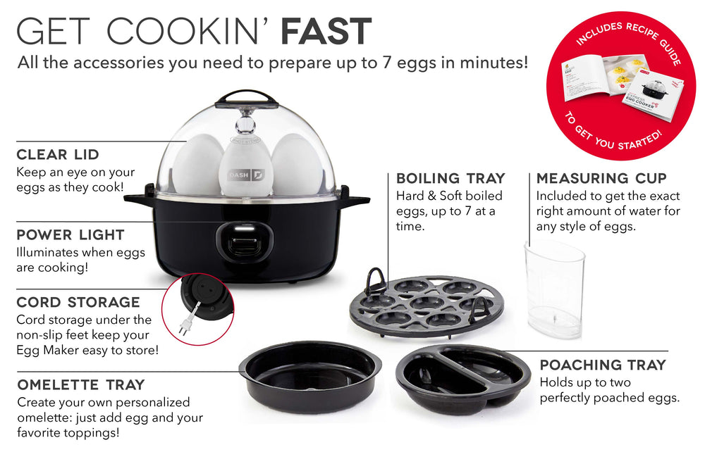 Features of the Express Egg Cooker include a clear lid, power light, cord storage, measuring cup, and separate trays for omelettes, boiling, and poaching.