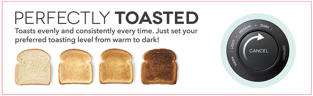 4 toast slices ranging from light to dark show the even and consistent toasting of the toaster dial.