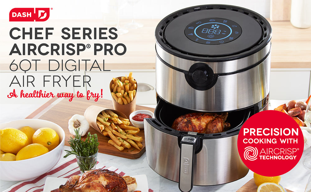 Chef Series Aircrisp Pro 6 Quart Digital Air Fryer is ajar, showing a cooked chicken. 