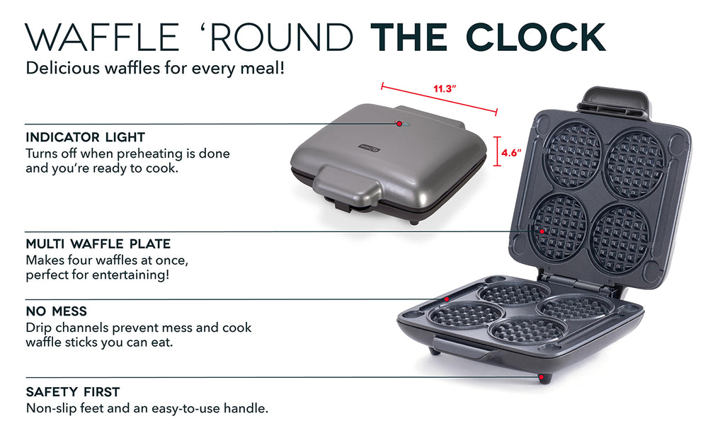 Multi Mini Waffle Maker features an Indicator Light, multi waffle plate, drip channels, nonstick feet, and a safe handle.