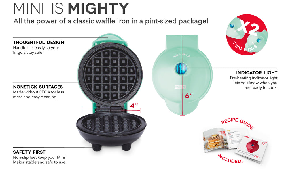 The Mini Waffle Maker with Rainbow Print features an easy-lift handle, nonstick surfaces, nonslip feet, and an Indicator Light.
