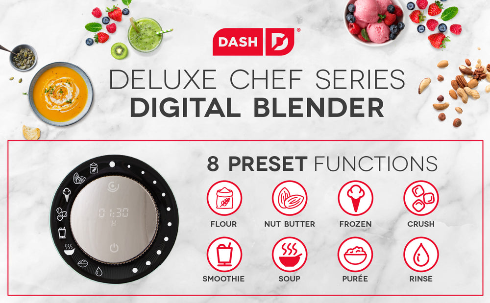 The Deluxe Chef Series Digital Blender has 8 settings including flour, nut butter, frozen, crush, smoothie, soup, puree, and rinse. 