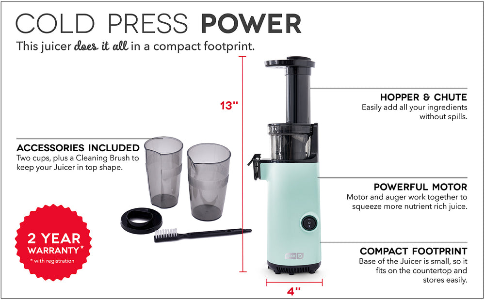 The Compact Cold Press Power Juicer has a hopper and chut, powerful motor, and a compact footprint. The accessories included are two cups and a cleaning brush.