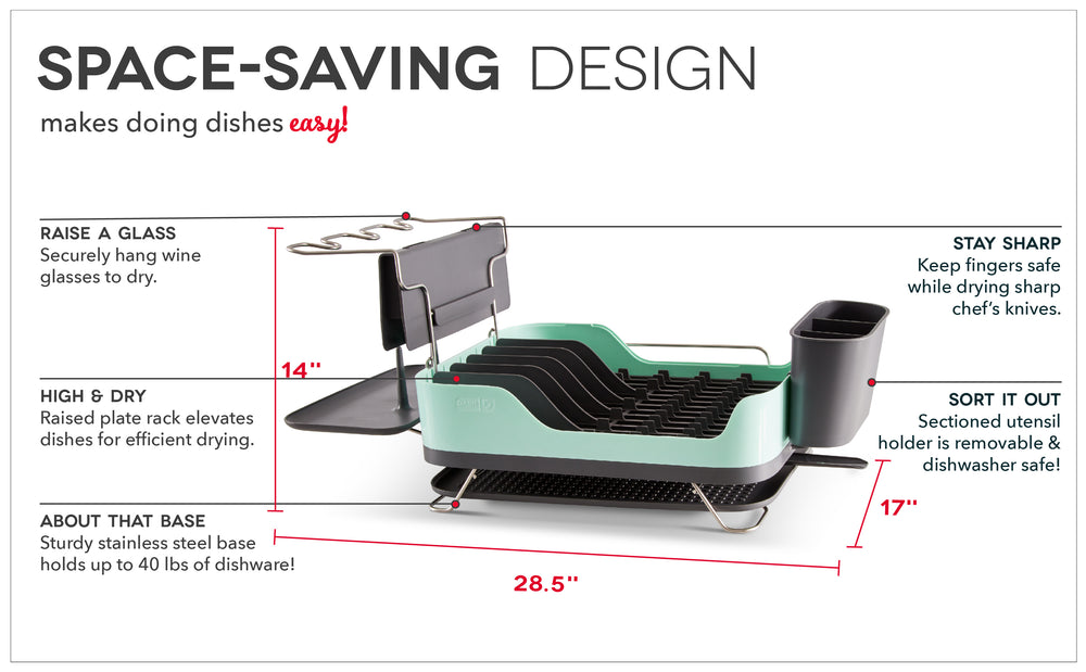 Compact dish rack to store utensils, dishes, and hang wine glasses with a stainless steel base and a dishwasher safe utensil holder.