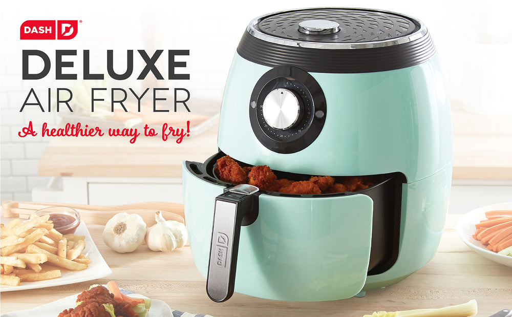 An blue Deluxe Air Fryer sits ajar with air fried chicken in the drawer next to the tagline, “A healthier way to fry!” 