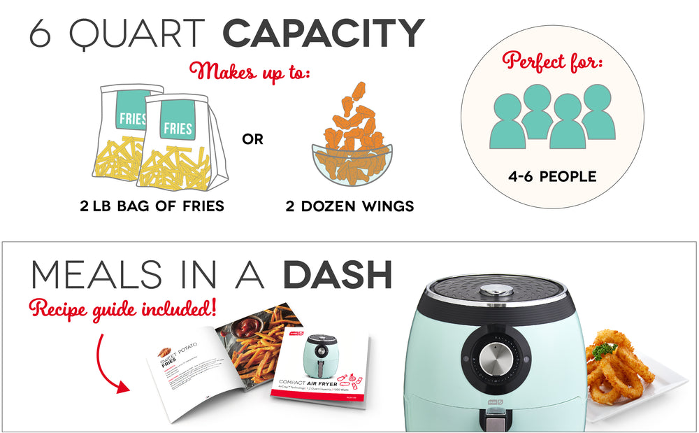 The Deluxe Air Fryer 6 Quart can make 2 pounds of fries, 2 dozen wings, or food for 4 to 6 people in a dash. Recipe guide included. 