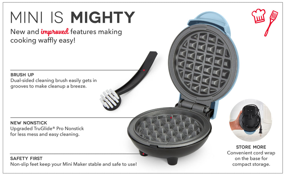 The Deluxe Mini Waffle Maker is mighty with new and improved features including a dual sided cleaning brush, nonstick surfaces, non-slip feet, and a cord wrap. 