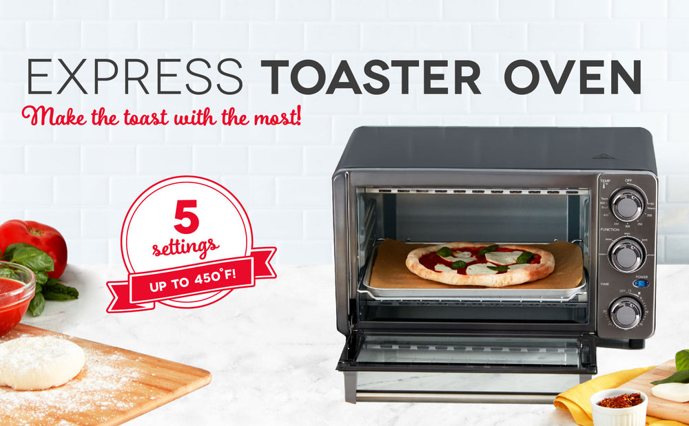 An Express Toaster Oven is shown having freshly cooked a mini pizza.