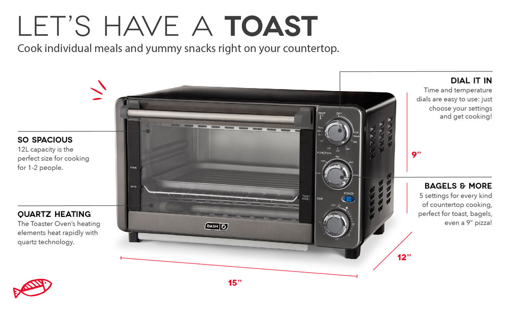 Toaster Oven features includes a 12 liter capacity, quartz heating technology, and dials for time, temperature, and presets.