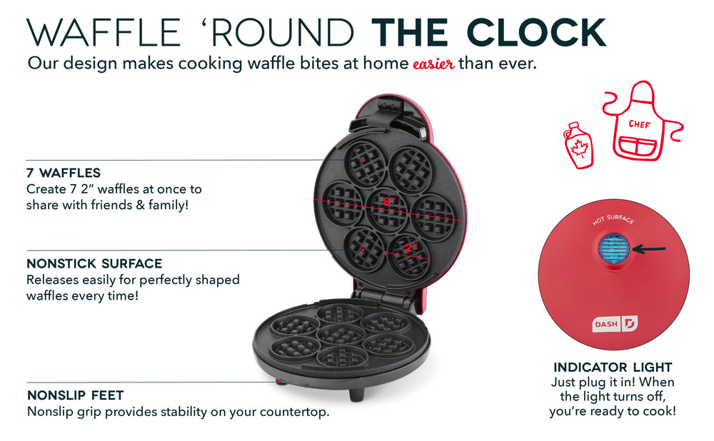 Express Waffle Bite Maker features include an Indicator Light, space for 7 2 inch waffles, nonstick surface, and nonslip feet.