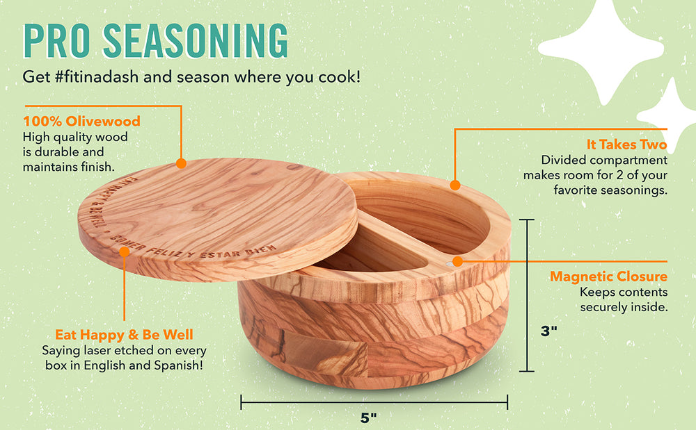 Divided Olivewood Salt Cellar features durable olivewood, 2 compartments, magnetic closure, and the saying "eat happy and be well" in both English and Spanish.