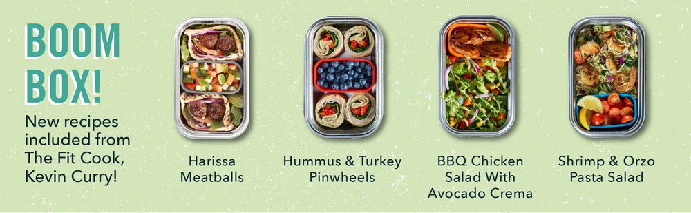 New recipes from the Fit Cook, Kevin Curry, include Harissa Meatballs, Hummus and Turkey Pinwheels, BBQ Chicken Salad with Avocado Crema, and Shrimp and Orzo Pasta Salad.