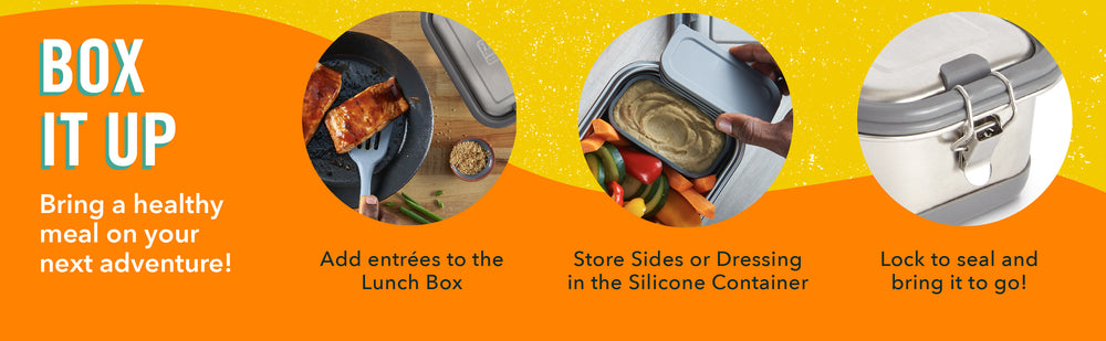 Add entrees to the lunch box, sides and dressings in the silicone container, and lock the seal.