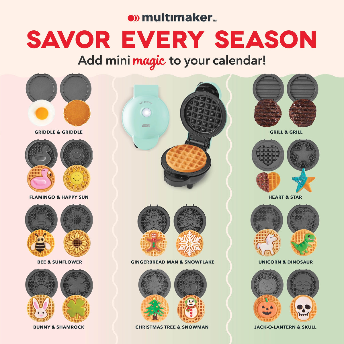 Dash Multimaker Mini Waffle Maker with interchangeable plates and seasonal designs including griddle, sun, bee, snowflake, unicorn, skull, and more—perfect for fun treats all year long.