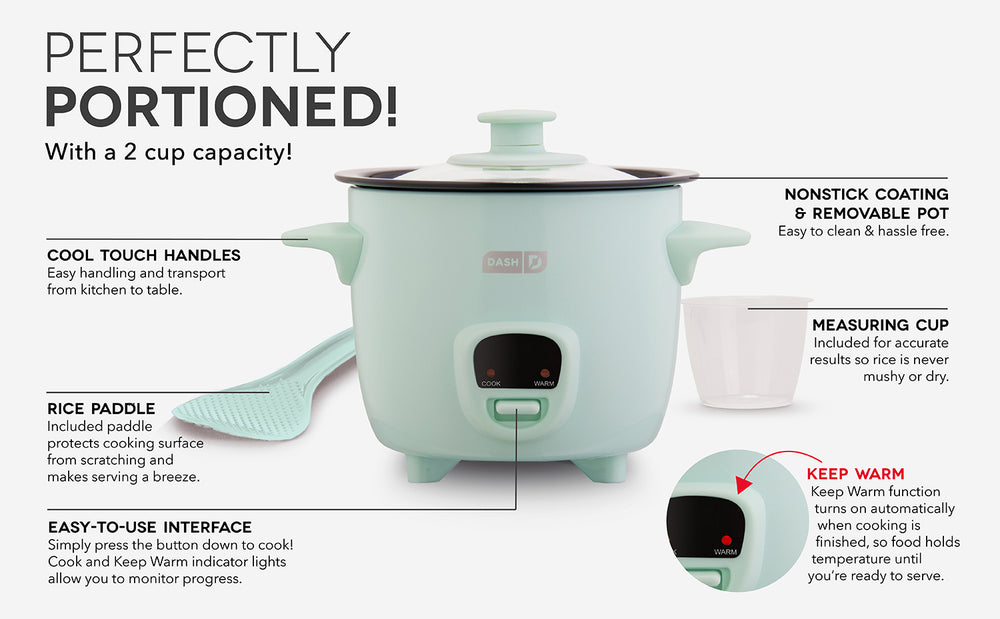 The Mini Rice Cooker with Keep Warm features cool-touch handles, rice paddle, easy to use interface, nonstick coating, removable pot, measuring cup, and a Keep Warm function.