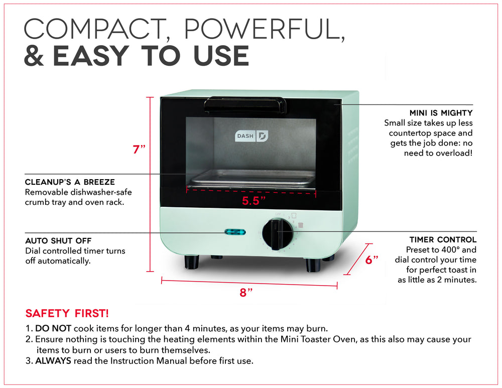 The Mini Toaster Oven features removable dishwasher safe crumb tray and oven rack, auto shutoff, compact size, and heat dial.