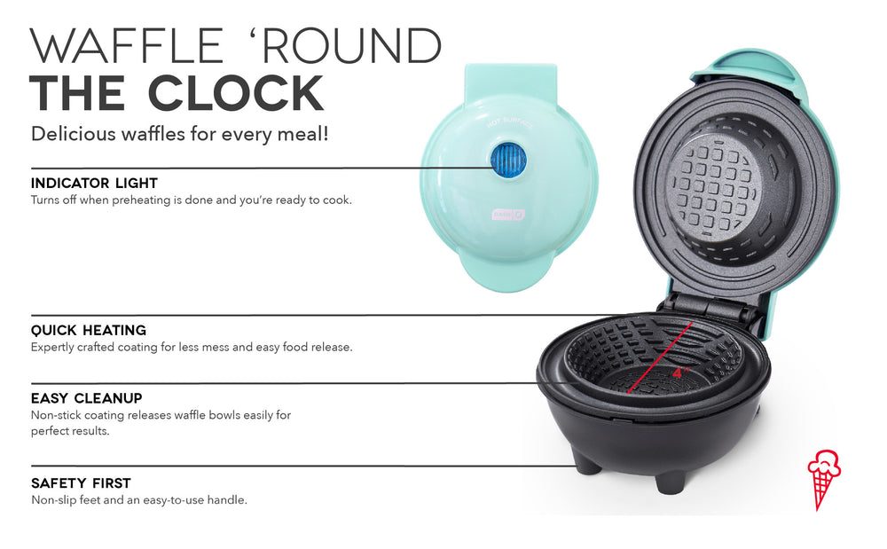 Mini Waffle Bowl Maker features an Indicator Light, quick heating surface, nonstick coating, and nonslip feet.