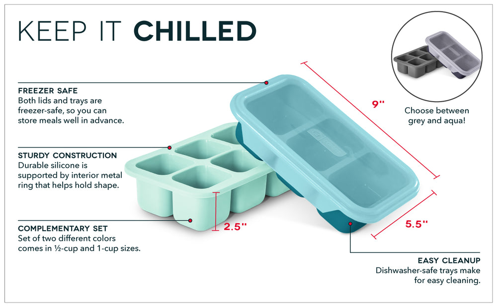 Perfect Portion Freezer Trays are freezer safe, dishwasher safe, durable, come in 2 colors for half cup and 1 cup portions. 