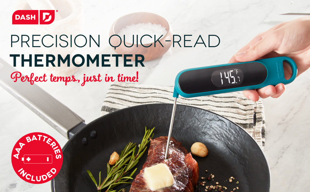 Precision Quick-Read Thermometer reads the temperature of a seared steak.