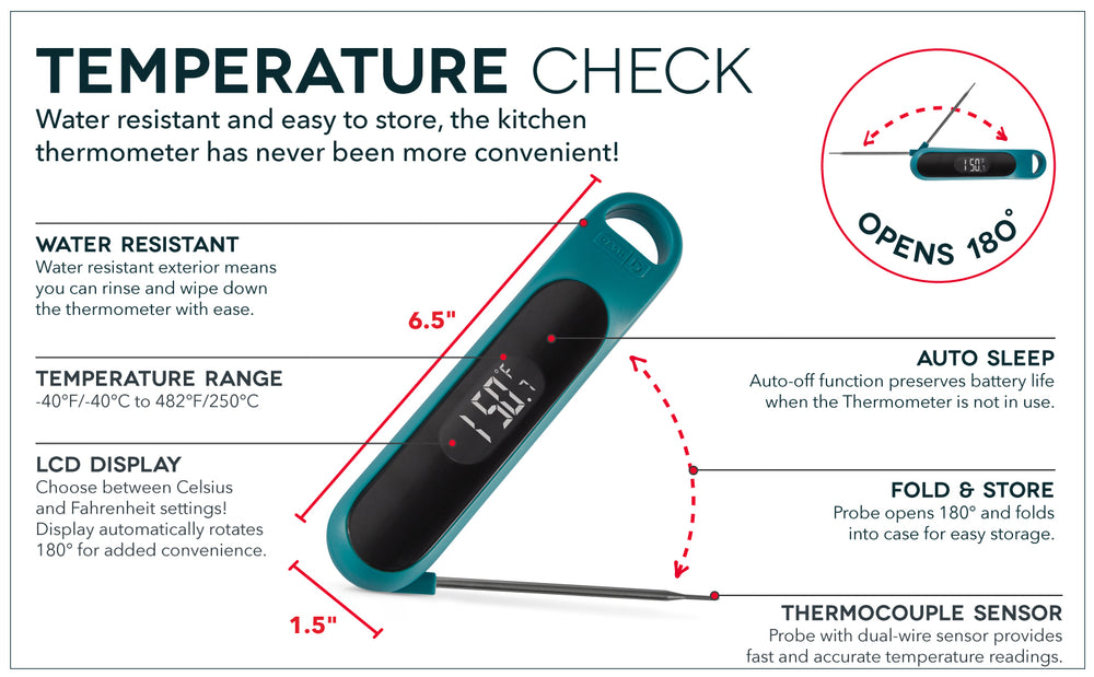 Features a waterproof exterior, wide temperature range, LCD display, auto-sleep, folding for storage, and thermocouple sensor.