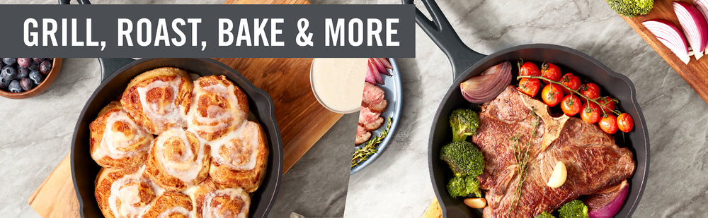 Two skillets side by side of cinnamon rolls and steak with vegetables show how you can grill, roast, bake, and more using the 9.5 inch Nonstick Cast Iron Skillet.