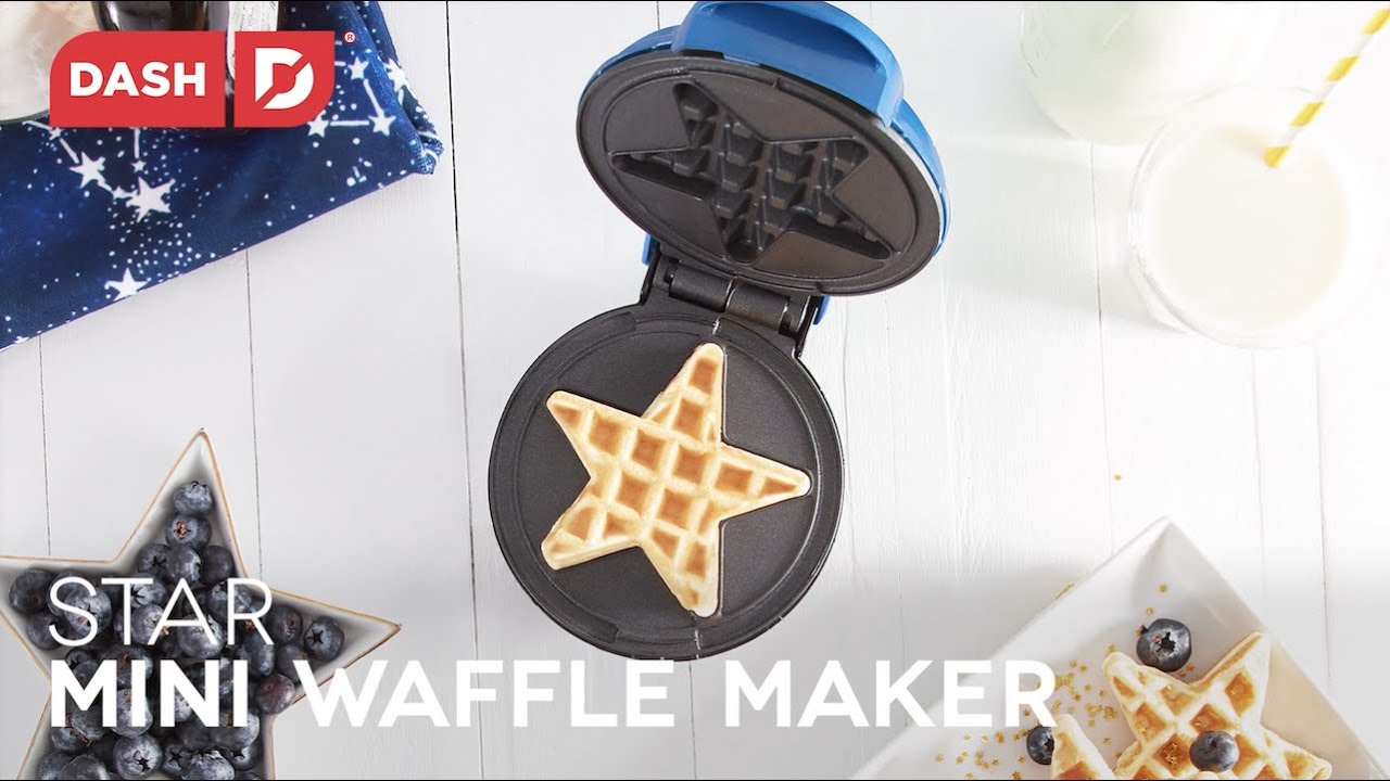 A mini waffle with a star shape is shown in the mini waffle maker.