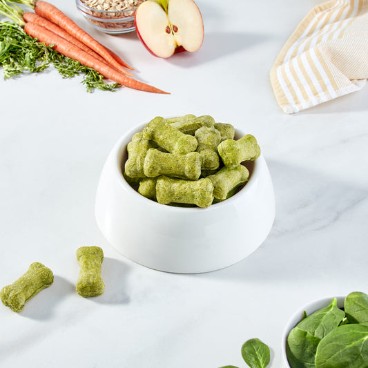 A white dog bowl filled with green dog-bone-shaped treats.