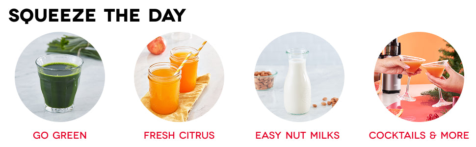 Cold press juicer makes green juice, fresh citrus, nut milks, and cocktails for everyday drinks.