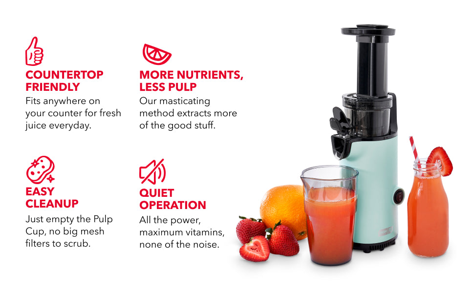 Compact cold press juicer with quiet motor, easy cleanup pulp cup, and smooth juice with less pulp.