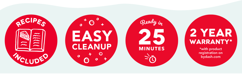 Frozen drink maker features: recipes included, easy cleanup, ready in 25 minutes, and 2-year warranty.