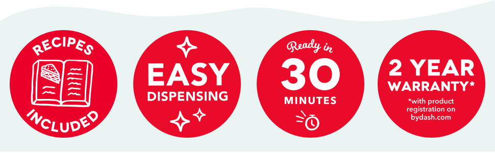 Dash soft serve maker features recipes included, easy dispensing, ready in 30 minutes, and 2-year warranty.