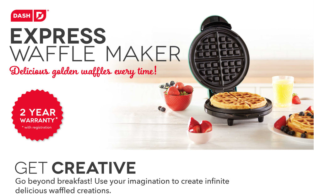 Express Waffle Maker sits open on a counter with fresh waffles.