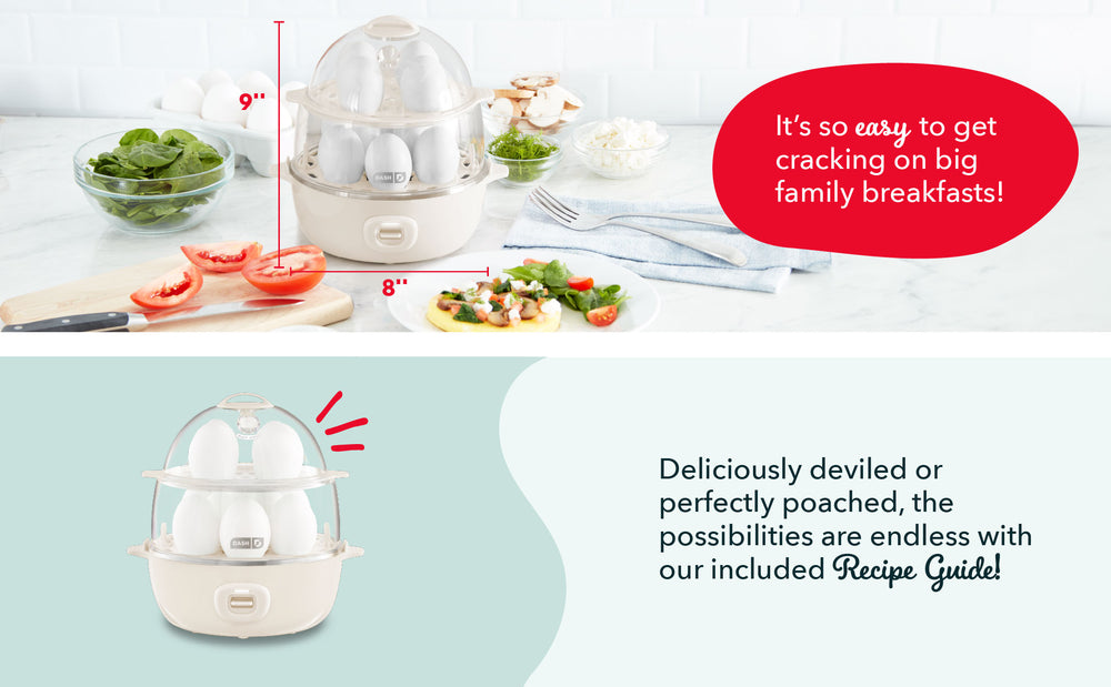 Egg cooker with text about family breakfasts and recipe guide on a kitchen background