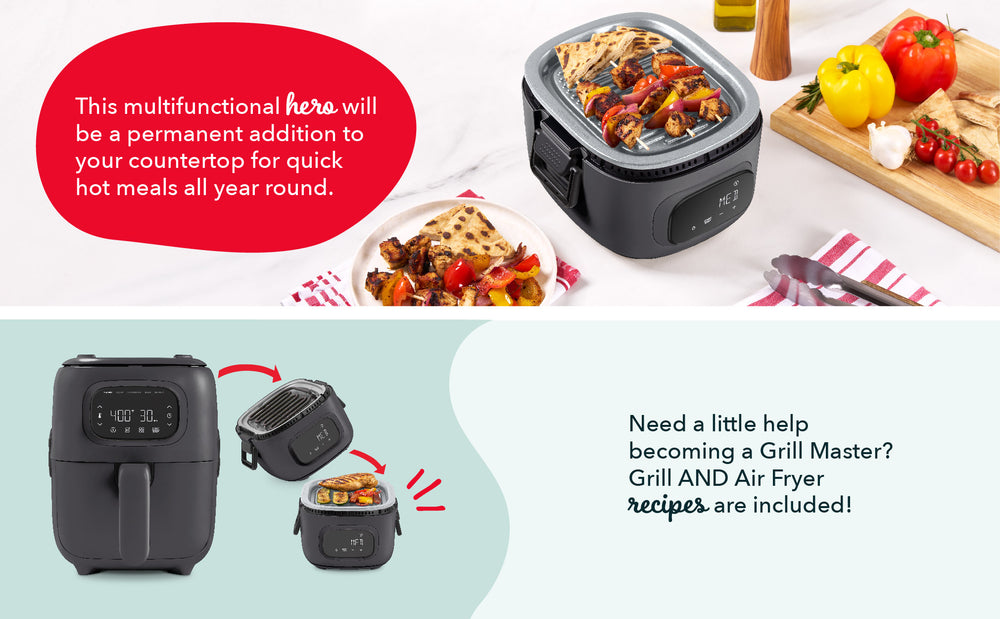 Multifunctional kitchen appliance with food on a table, featuring text about recipes and usage.
