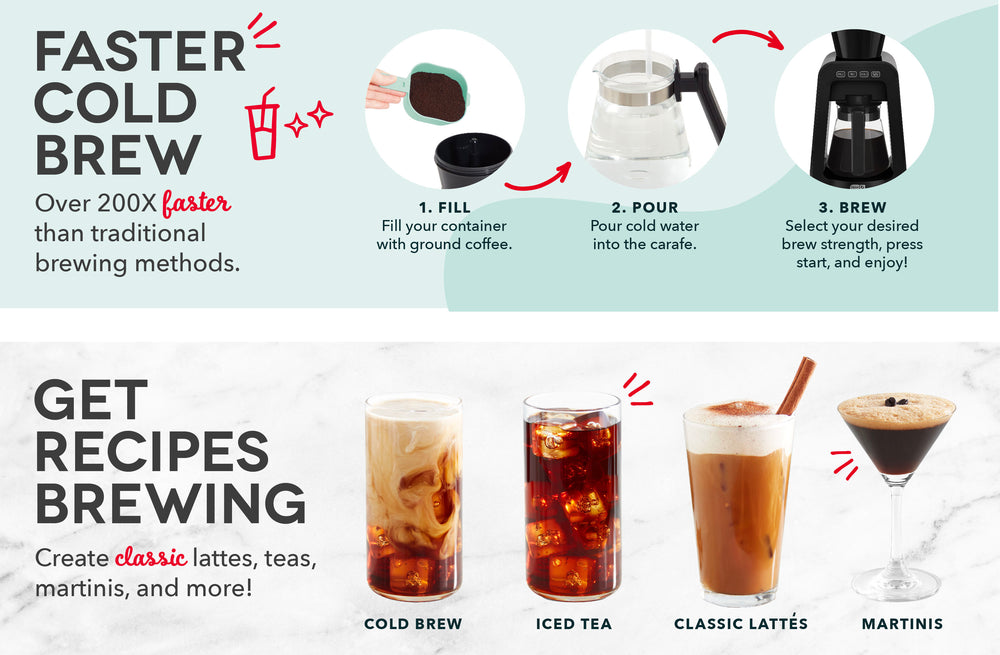 Just fill, pour, and brew for cold brew, iced tea, classic lattes, and martinis.
