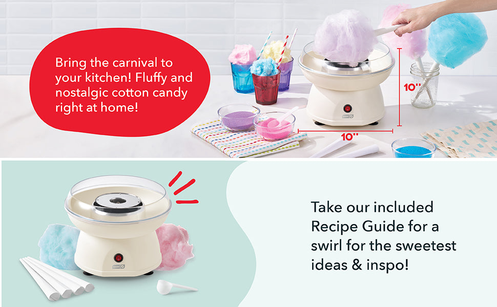 Cotton candy maker with cotton candy and recipe guide on a table.