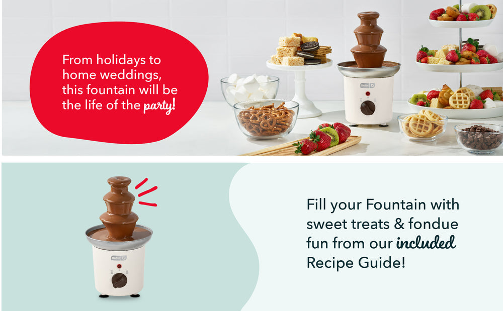 Chocolate fountain setup with various treats on a table, including a red speech bubble and text about the fountain's use.