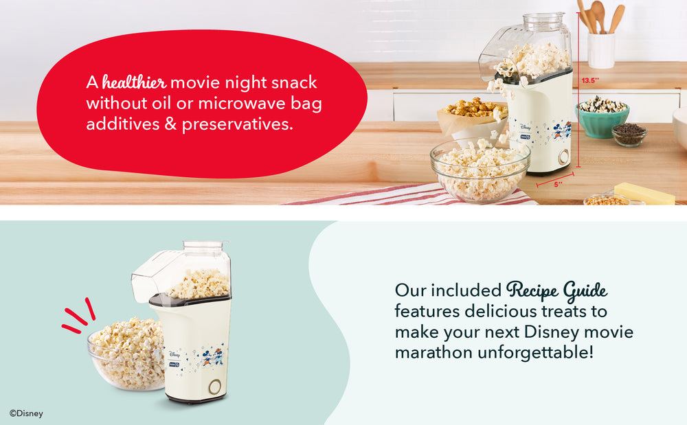 Popcorn maker with popcorn on a table, accompanied by text about healthier snack options and a recipe guide.