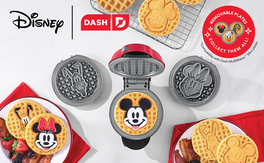 Dash | Disney MultiMaker™ Mini System with removable plates featuring Mickey, Minnie, and Pluto designs, creating fun character waffles for breakfast.