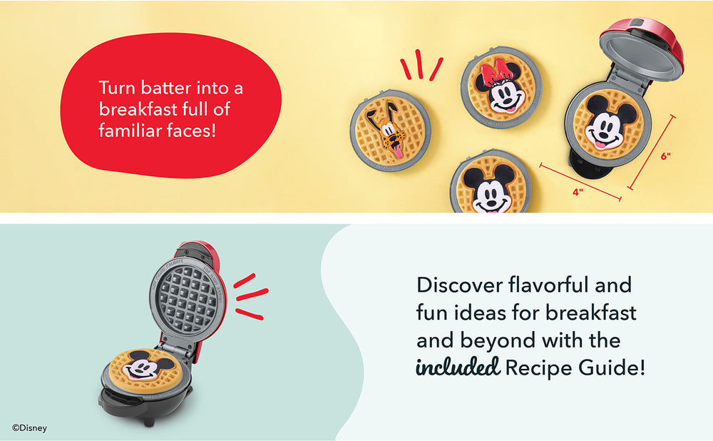 Dash | Disney MultiMaker™ Mini System with removable plates featuring Mickey, Minnie, and Pluto, turning batter into fun Disney character waffles with recipe guide included.
