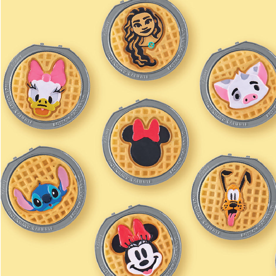 Disney waffle plates collection including Mickey, Minnie, Stitch, Daisy, Pluto, Moana, and Pua for fun character breakfasts.